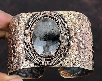 Faceted Black Rutile Copper Cuff Bracelet Wire Wrapped Adjustable Bangle Natural Gemstone Cuff Bracelet Handmade Copper Jewelry Gift For Him