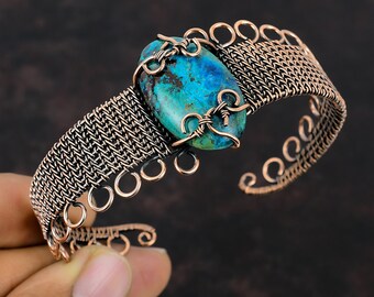 Chrysocolla Bangle Copper Wire Wrapped Cuff Bracelet Adjustable Bangle Handmade Designer Bangle Copper Wire Jewelry Gemstone Bangle For Gift