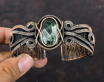 Seraphinite Cuff Bracelet Copper Wire Wrapped Bangle Beautiful Gemstone Jewelry Handmade Copper Cuff Bracelet Gift For Her Adjustable Bangle