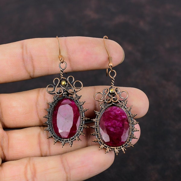 Faceted Kashmir Ruby Earring Copper Wire Wrapped Gemstone Earrings Handmade Copper Wire Jewelry Decent Earring Kashmir Ruby Jewelry For Gift