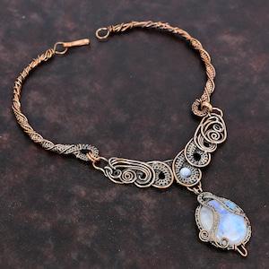 Rainbow Moonstone Necklace Copper Wire Wrapped Necklace Natural Gemstone Jewelry Handmade Elegant Necklace Copper Wire Jewelry Gift For Her image 7