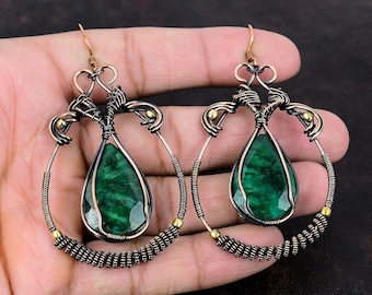 Faceted Zambian Emerald Earring Copper Wire Wrapped Earrings Gemstone Jewelry Unique Earring Copper Jewelry Engagement Gift Handmade Earring