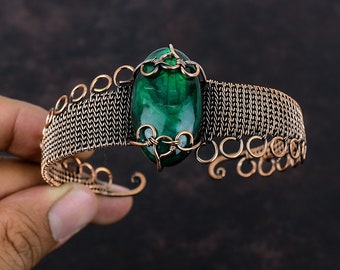 Green Fire Labradorite Cuff Bracelet Copper Wire Wrapped Gemstone Bangle Copper Jewelry Adjustable Cuff For Gift Handmade Wire Wrap Jewelry