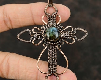Labradorite Copper Pendant Wire Wrapped Cross Pendant Copper Wire Wrapped Gemstone Pendant Copper Jewelry Gift For Her Labradorite Pendants