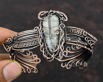 Orthoceras Fossil Cuff Bracelet Copper Wire Wrapped Bangle Handmade Gemstone Jewelry Adjustable Bangle Wedding Gift Copper Wire Wrap Jewelry