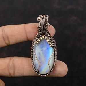 Rainbow Moonstone Pendant Copper Wire Wrapped Gemstone Pendant Handmade Pendant Moonstone Copper Jewelry Engagement Gift Unique Wire Jewelry