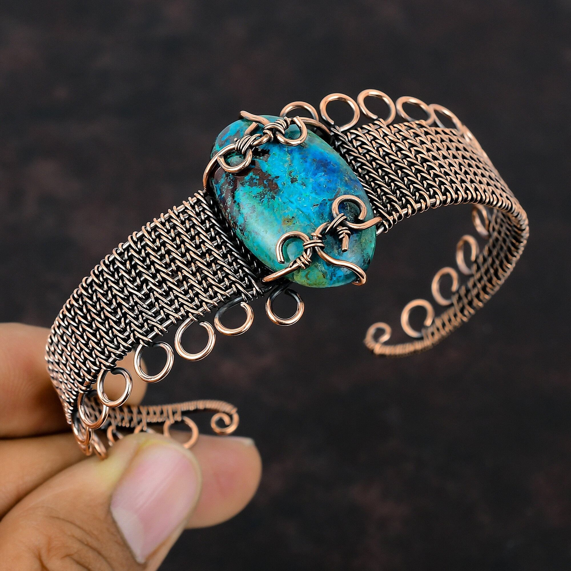 Chrysocolla Bangle Copper Wire Wrapped Cuff Bracelet Adjustable