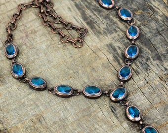 Faceted swiss blue topaz necklace electroformed copper gemstone necklace adjustable chain necklace handmade copper jewelry gifts for mother