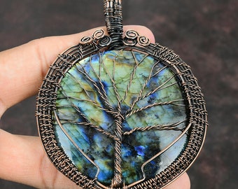 Tree Of Life Labradorite Pendentif en cuivre Fil de cuivre Emballé Pendentif Pierre précieuse Bijoux faits à la main Cadeau pour mère Big Stone Labradorite Bijoux