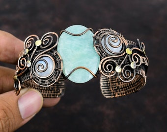 Amazonite Gemstone Cuff Bracelet Copper Wire Wrapped Cuff Rainbow Moonstone Bangle Adjustable Cuff Bracelet Handmade Jewelry Gift For Women