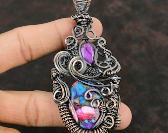 Natural Kingman Pink Dahlia Turquoise Gemstone Copper Wire Wrapped Pendant Handmade Designer Pendant Gift For Him Purple Turquoise Jewelry