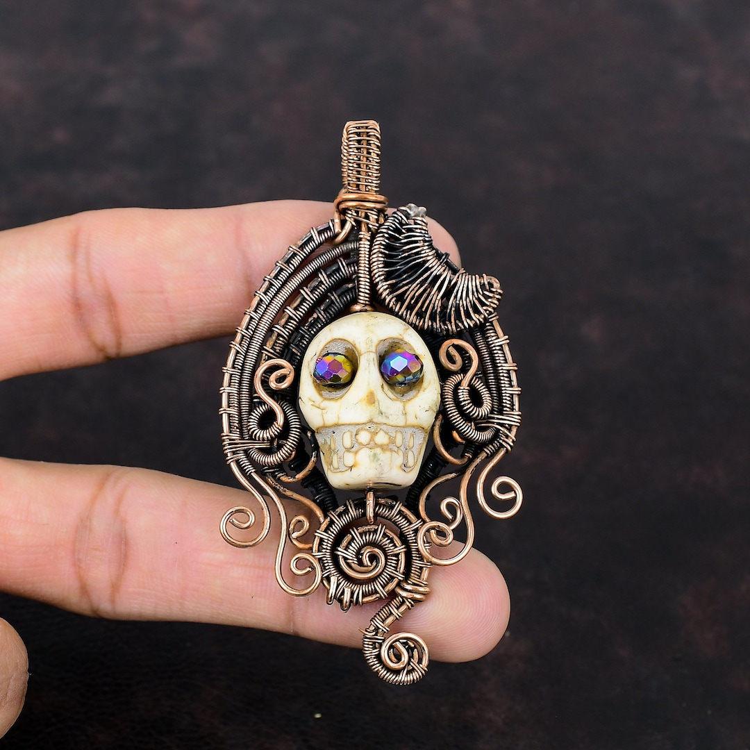 Howlite Pendant Copper Wire Wrapped Pendant Skull Bone Face Pendant Titanium Bead Eyes Jewelry
