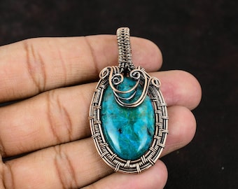 Chrysocolla Pendant, Handmade Copper Wire Wrapped Gemstone Jewelry
