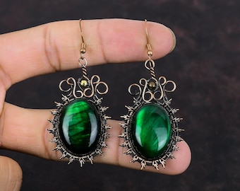 Green Fire Labradorite Earring Copper Wire Wrapped Earring Natural Gemstone Earrings Copper Jewelry Handmade Brand New Earring Gift For Mom
