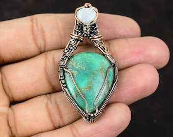 Chrysoprase & Rainbow Moonstone Copper Wire Wrapped Pendant