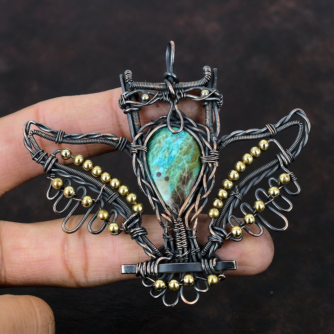 Chrysocolla Pendant Copper Wire Wrapped Pendant Gemstone Pendant Owl ...