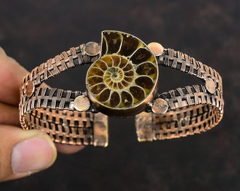 Ammonite Fossil Bangle Copper Wire Wrapped Cuff Bracelet Adjustable Bangle Handmade Copper Jewelry Genuine Gemstone Bracelet Gifts For Wife