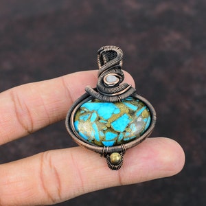 Copper Blue Turquoise Pendant Copper Wire Wrapped Jewelry Rainbow Moonstone Pendant Gemstone Jewelry For Gift Handmade Copper Wire Pendant