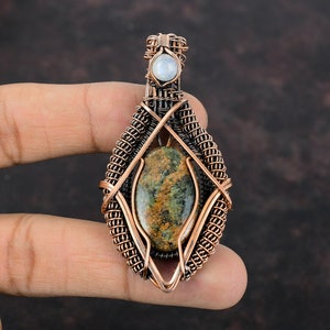 Spessartine Garnet in Limestone Pendant Copper Wire Wrapped Jewelry Rainbow Moonstone Gemstone Jewelry Handmade Copper Pendant Gift For Him