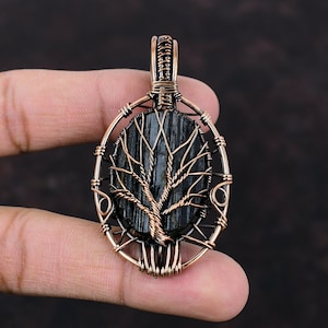 Tree Of Life Black Tourmaline Rough Pendant Copper Wire Wrapped Jewelry Handmade Gemstone Pendant Copper Wire Wrapped Pendant Gift For Women