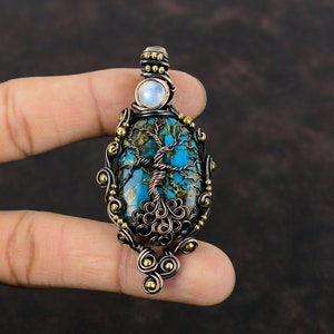 Tree Of Life Copper Chrysocolla Pendant Copper Wire Wrapped Pendant Moonstone Gemstone Pendant Copper Jewelry Wedding Gift Handmade Pendant