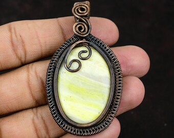 Yellow Aragonite Gemstone Copper Wire Wrapped Pendant