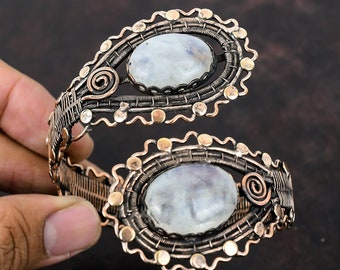 Regenbogen Mondstein Armreif Kupferdraht gewickelt Manschette Armband handgemachte verstellbare Armreif natürliche Edelstein Manschette Kupfer Draht Schmuck Geschenk für sie