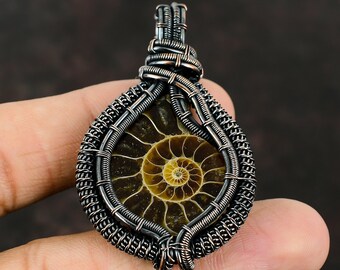 Ammonite Fossil Copper Pendant Copper Wire Wrapped Pendant Gemstone Designer Jewelry Handmade Pendant Gift For Him Ammonite Fossil Jewelry