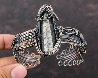 Orthoceras Fossil Cuff Bracelet Copper Wire Wrapped Bangle Handmade Gemstone Jewelry Adjustable Bangle Anniversary Gift Copper Wire Jewelry