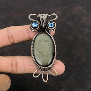 Silver Sheen Obsidian Pendant Black Color Evil Eye Pendant Copper Wire Wrapped Pendant Gemstone Jewelry Owl Pendant Handmade Copper Jewelry