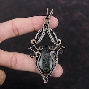 Silver Sheen Obsidian Pendant Copper Wire Wrapped Pendant Gemstone Pendant Amazing Copper Jewelry Handmade Pendant Elegant Jewelry For Gift