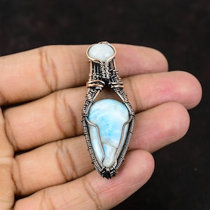 Handmade Larimar Pear & Moonstone Copper Wire Wrapped Pendant