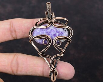 Pendentif pierres précieuses lépidolite fil de cuivre emballé bijoux pendentif fait main véritable lépidolite bijoux fil de cuivre emballé pendentif cadeau pour maman
