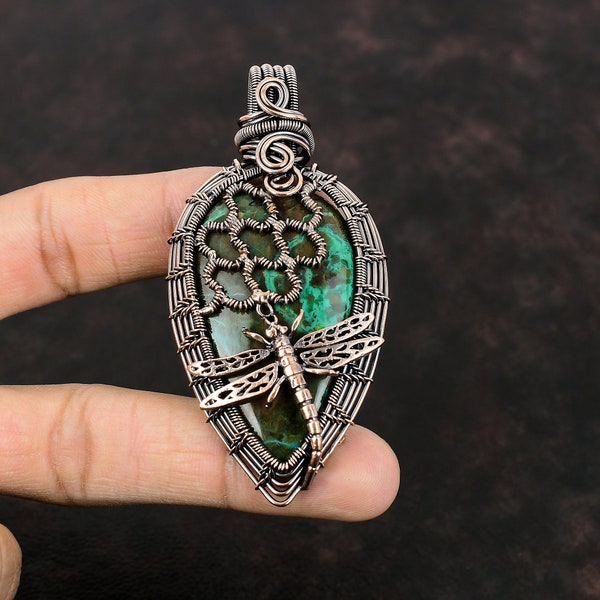Chrysocolla Gemstone Pendant Copper Wire Wrapped Pendant Honeycomb And Dragonfly Pendant Copper Jewelry Handmade Dainty Pendant Gift For Mom
