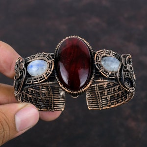 Red Fire Labradorite Bangle Copper Wire Wrapped Cuff Bracelet Moonstone Adjustable Bangle Handmade Gemstone Bracelet Copper Jewelry For Gift