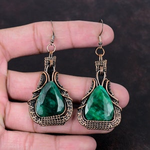 Faceted Zambian Emerald Earring Copper Wire Wrapped Earring Copper Jewelry Genuine Gemstone Handmade Earrings Gift For Mom Wire Wrap Jewelry