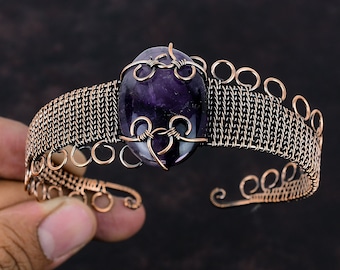 Star Amethyst Cuff Bracelet Copper Wire Wrapped Bangle Adjustable Cuff Bracelet Gemstone Copper Jewelry Handmade Antique Bangle Gift For Her