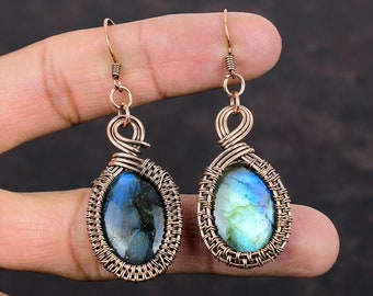 Labradorite Earring Copper Wire Wrapped Earrings Handmade Boho Jewelry Gemstone Earrings For Gift Copper Wire Wrap Jewelry Designer Earring