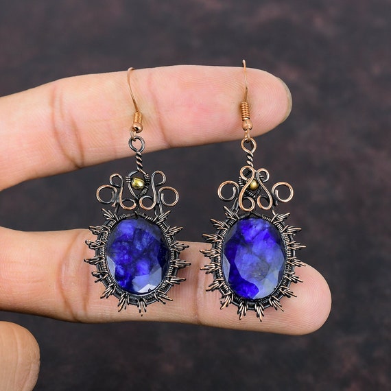 Faceted Blue Sapphire Earring Copper Wire Wrapped Earring Handmade Earring Gemstone Jewelry Copper Wire Jewelry Unique Earrings Gift For Mom