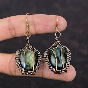 Labradoriet oorbel koperdraad gewikkeld oorbellen edelsteen sieraden handgemaakte oorbellen koperdraad gewikkeld sieraden cadeau voor moeder Designer oorbellen