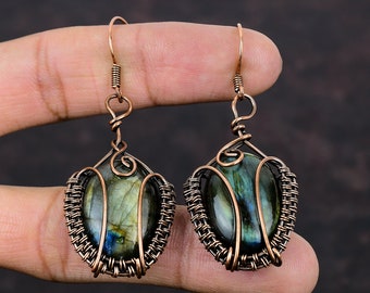 Labradorite Earring Copper Wire Wrapped Earrings Gemstone Jewelry Handmade Earrings Copper Wire Wrap Jewelry Gift For Mom Designer Earrings