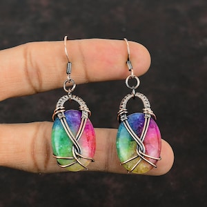 Orecchini in quarzo solare arcobaleno, orecchini avvolti in filo di rame, orecchini fatti a mano, gioielli in filo di rame, orecchini con pietre preziose naturali, regalo per la mamma