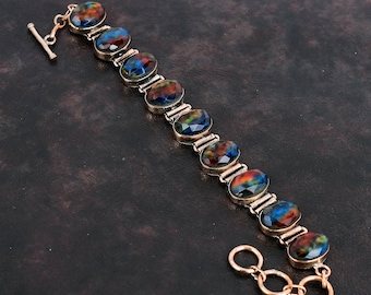 Faceted Ammolite Bracelet Copper Bracelet Gemstone Adjustable Chain Bracelet Handmade Designer Bracelet Antique Copper Jewelry Gifts For Her