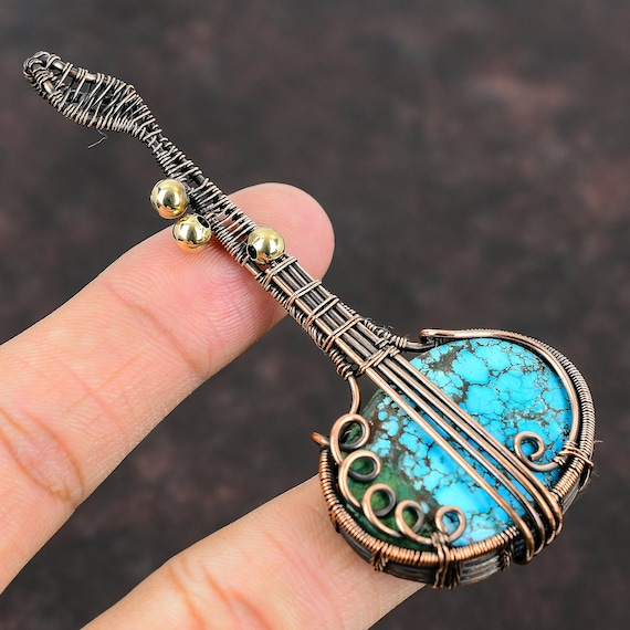 Tibetan Turquoise Pendant Copper Wire Wrapped Pendant Handmade Guitar Pendant Gift Turquoise Gemstone Long Jewelry Music Instrument Jewelry