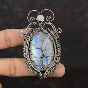 Tree Of Life Rainbow Moonstone Pendant Copper Wire Wrapped Pendant Handmade Pendant Copper Wire Wrap Jewelry Gemstone Pendant Gift For Women