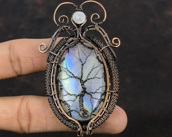 Tree Of Life Rainbow Moonstone Pendant Copper Wire Wrapped Pendant Handmade Pendant Copper Wire Wrap Jewelry Gemstone Pendant Gift For Women