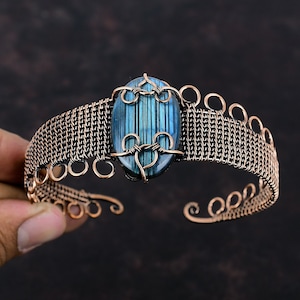 Labradorite Copper Wire Wrapped Cuff Bracelet Adjustable Bangle Gemstone Cuff Bracelet Copper Wire Jewelry Handmade Bangle Anniversary Gifts