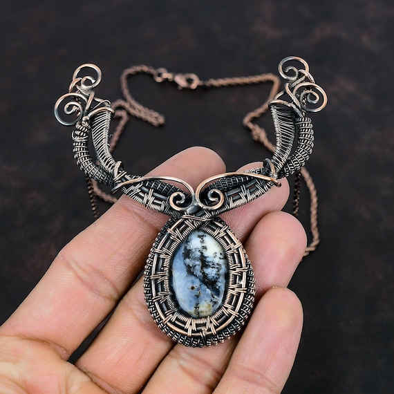 Dendrite Opal Necklace Copper Wire Wrapped Necklace Genuine Gemstone Necklace Handmade Copper Wire Jewelry Designer Necklace Engagement Gift