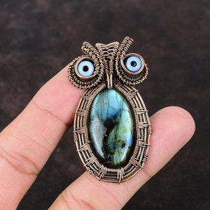 Labradorite Pendant Black Color Evil Eye Pendant Copper Wire Wrapped Jewelry Handmade Real Gemstone Pendant Owl Copper Pendant Gift For Her