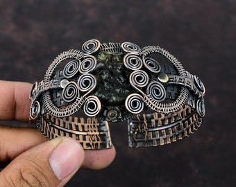 Moldavite Bangle Copper Wire Wrapped Adjustable Cuff Bracelet Handmade Moldavite Jewelry Real Gemstone Cuff Bracelet Copper Bangle For Gift